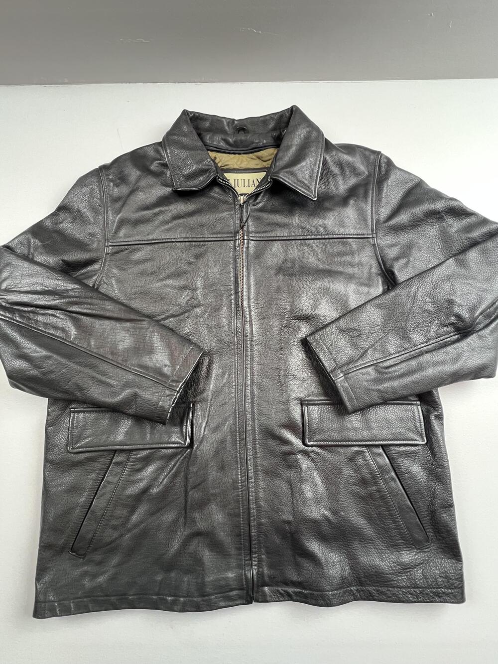 M. Julian Coat Mens XL Black Leather Full Zip Thinsulate Quilted Lined Overcoat
